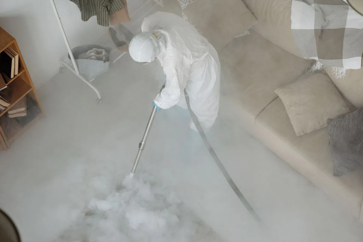 Biohazard cleanup technician in protective equipment, Walhalla, SC